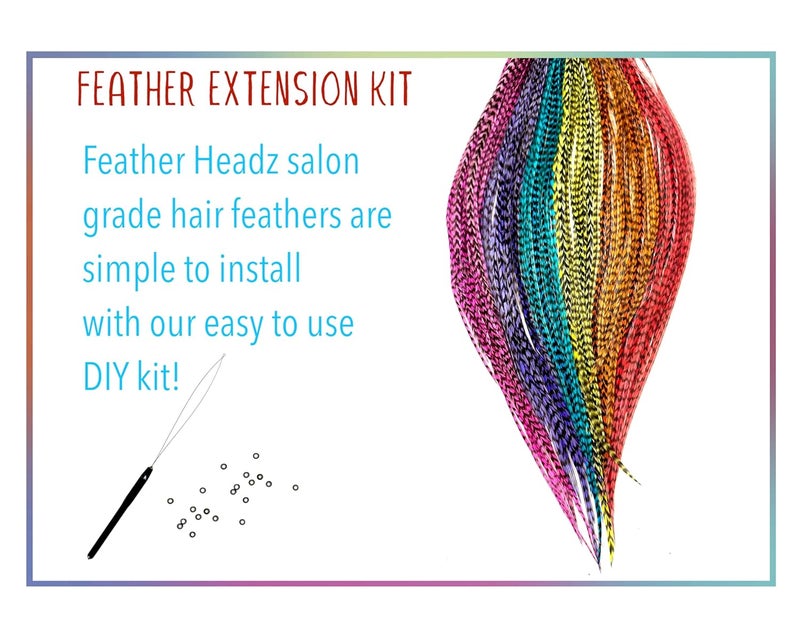 Feather Headz 21 Rainbow Grizzly Color Hair Extensions – 9”–14” Long – DIY Rooster Kit with 20 Micro-Link Beads – 100% Real Feathers – Eye-Catching Boho Style - Image 3